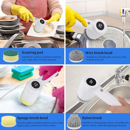 Electric Cleaning Brush Cordless, IPX7 Waterproof Electric Spin Scrubber with LED Display, 5 Replacement Heads, 2 Adjustable Speeds Bathroom Brush for Kitchen/Tile/Garden/Floor/Car