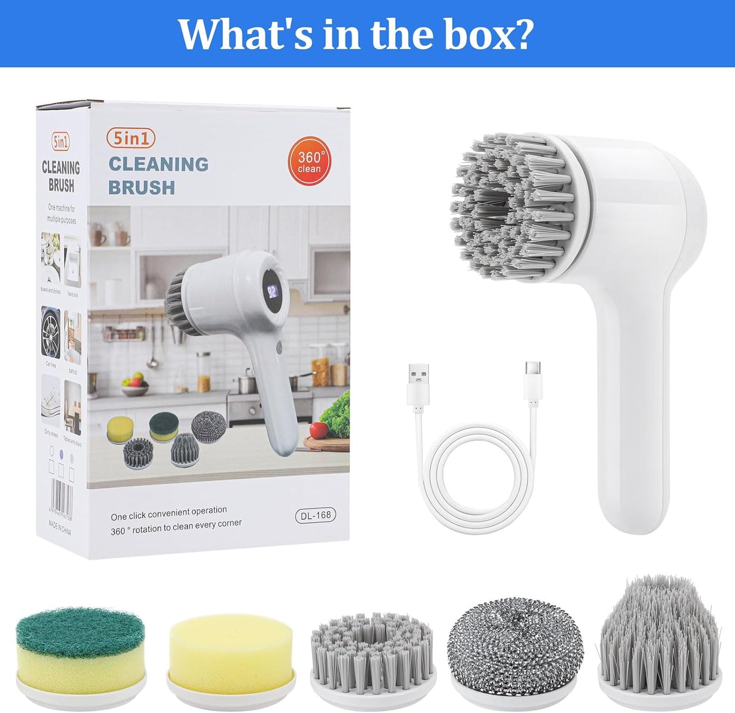 Electric Cleaning Brush Cordless, IPX7 Waterproof Electric Spin Scrubber with LED Display, 5 Replacement Heads, 2 Adjustable Speeds Bathroom Brush for Kitchen/Tile/Garden/Floor/Car