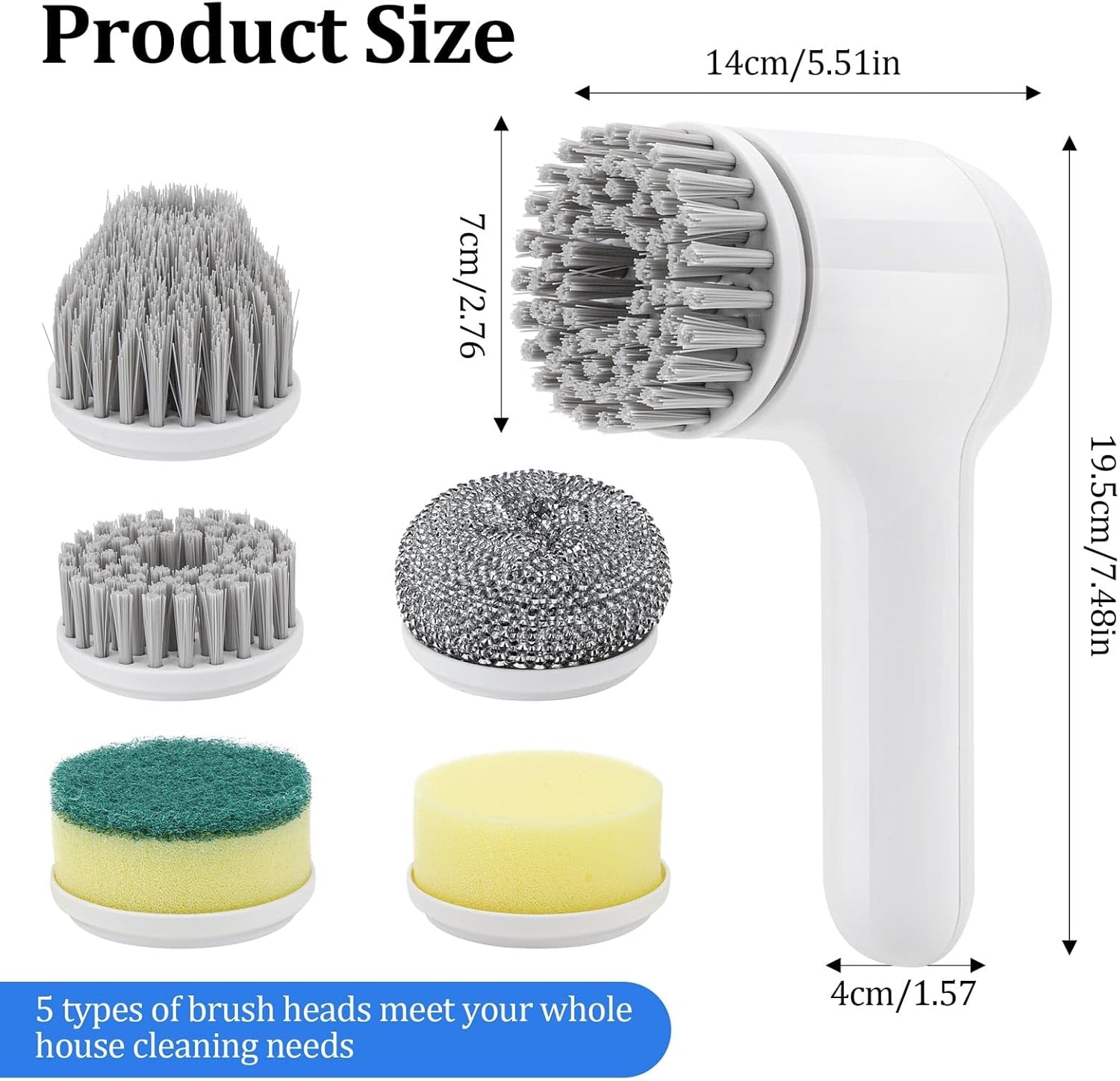 Electric Cleaning Brush Cordless, IPX7 Waterproof Electric Spin Scrubber with LED Display, 5 Replacement Heads, 2 Adjustable Speeds Bathroom Brush for Kitchen/Tile/Garden/Floor/Car