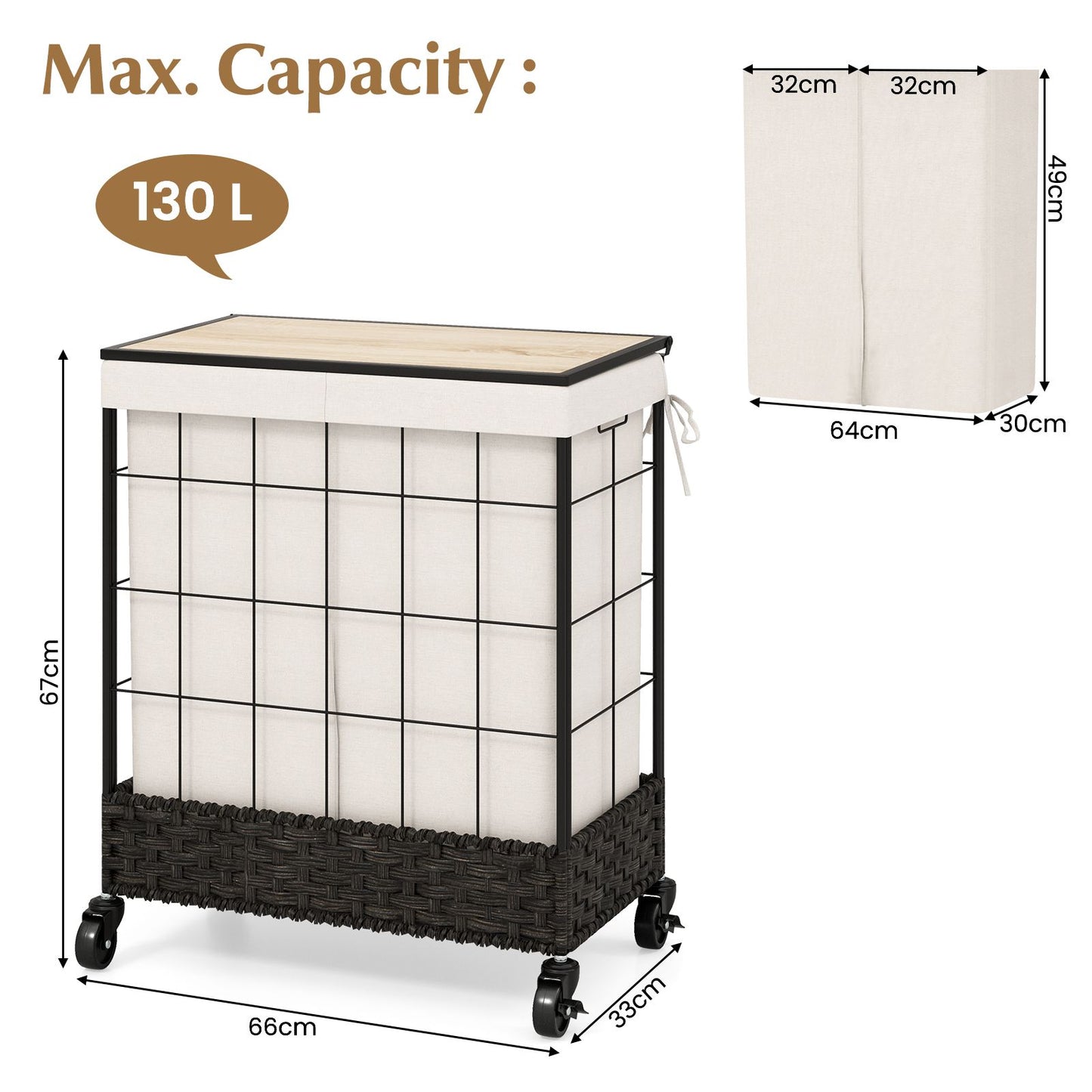  Rattan Laundry Hamper 130L